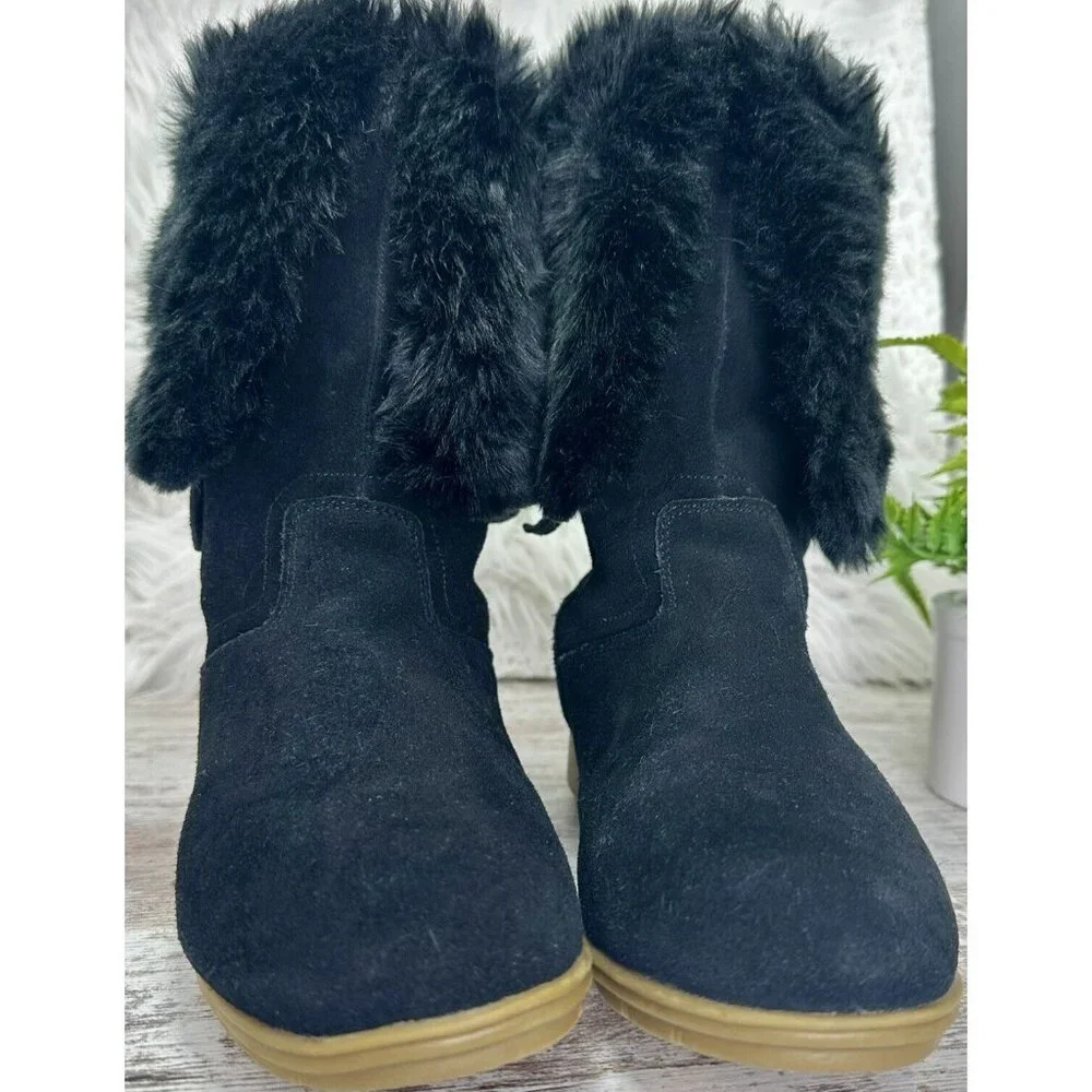 LANDS' END Mendota Snow Boot Women's Size 7.5 Black Suede Faux Fur PullOn 420483